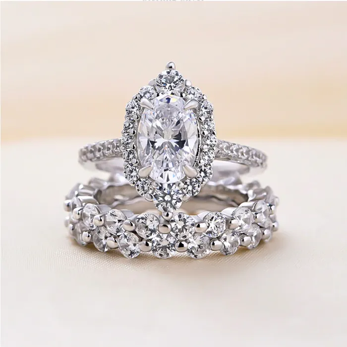 Rings 3PCS Oval Cut Sterling Silver Wedding Bridal Set in Sterling Silver Shineofdiamond