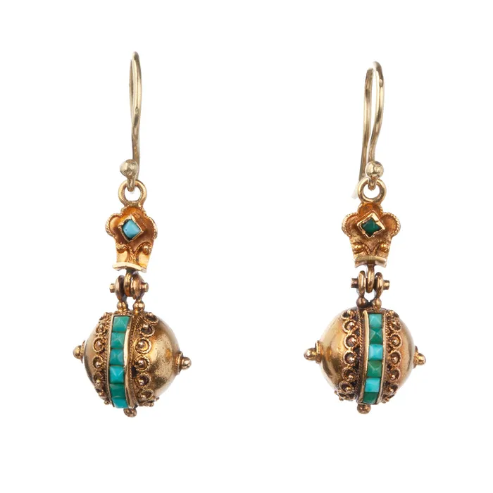 Bell Bird Antiques Earrings Victorian Era Estruan Revival Turquoise Earrings