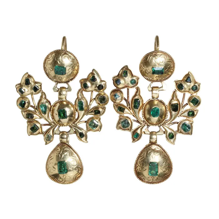 Earrings Bell Bird Antiques 19th Century Iberian Gold and Emerald Earrings