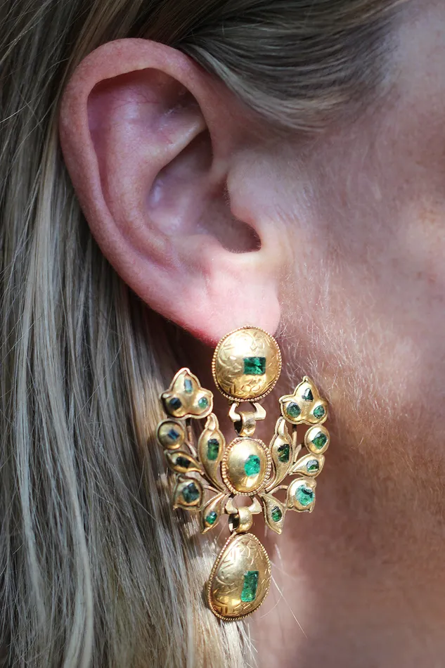 Earrings Bell Bird Antiques 19th Century Iberian Gold and Emerald Earrings