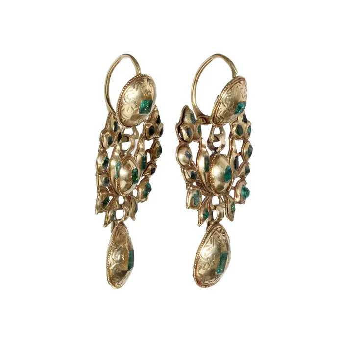 Earrings Bell Bird Antiques 19th Century Iberian Gold and Emerald Earrings