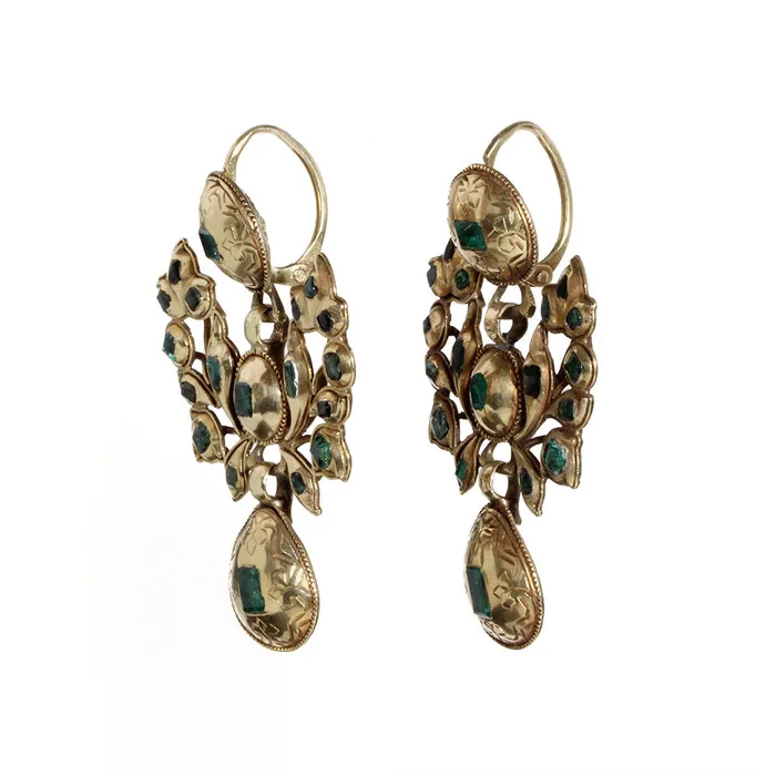 Earrings Bell Bird Antiques 19th Century Iberian Gold and Emerald Earrings