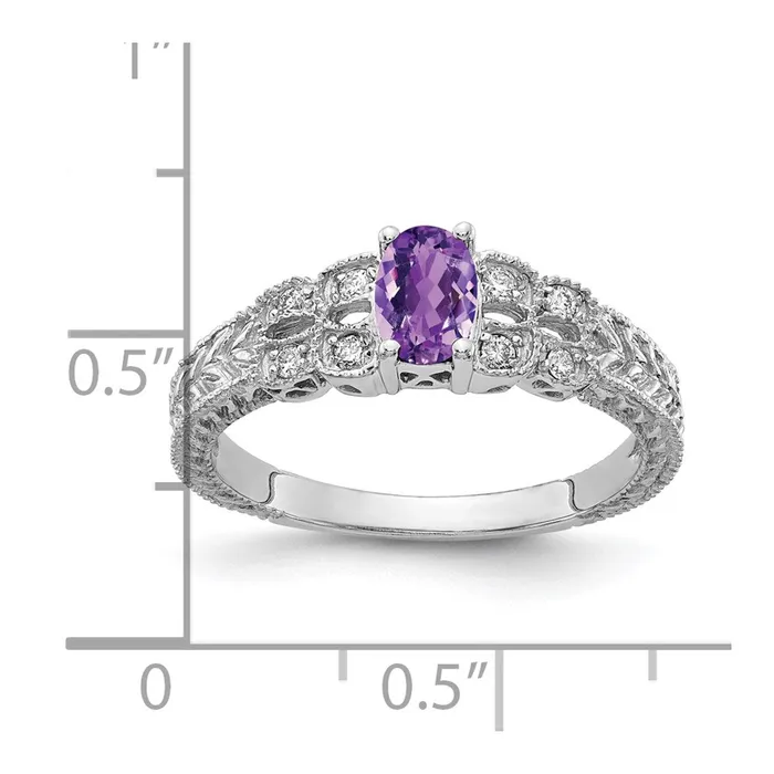 14k White Gold 6x4mm Oval Amethyst Checker VS Real Diamond ring Goldia Rings
