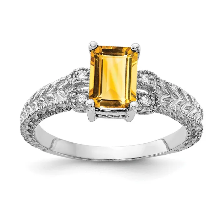 14k White Gold 7x5mm Emerald Cut Citrine VS Diamond ring Goldia Rings