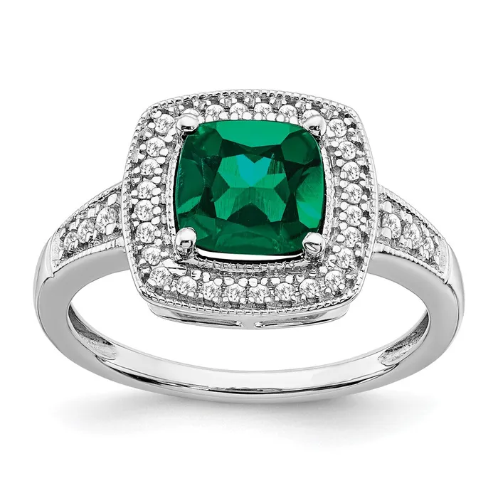 14k White Gold Cushion Created Emerald and Real Diamond Halo Ring Goldia Rings 14k White Gold Cushion Created Emerald and Real Diamond Halo Ring Goldia Rings