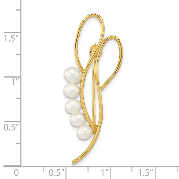 14k Yellow Gold Polished Open Loops Accented with 45mm White Teardrop Freshwater Cultured Pearls Pin Brooch Goldia Rings