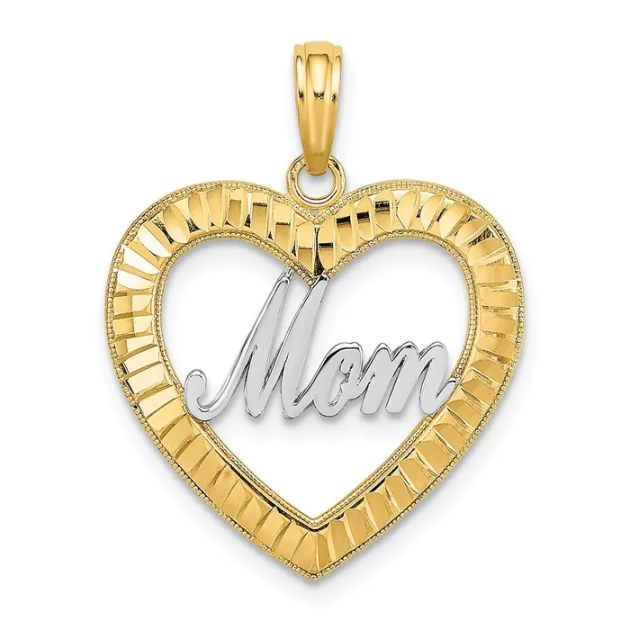 Charm Necklaces Goldia 14k Yellow Rhodium Gold w Rhodium Diamondcut Heart MOM Charm Charm Necklaces Goldia 14k Yellow Rhodium Gold w Rhodium Diamondcut Heart MOM Charm