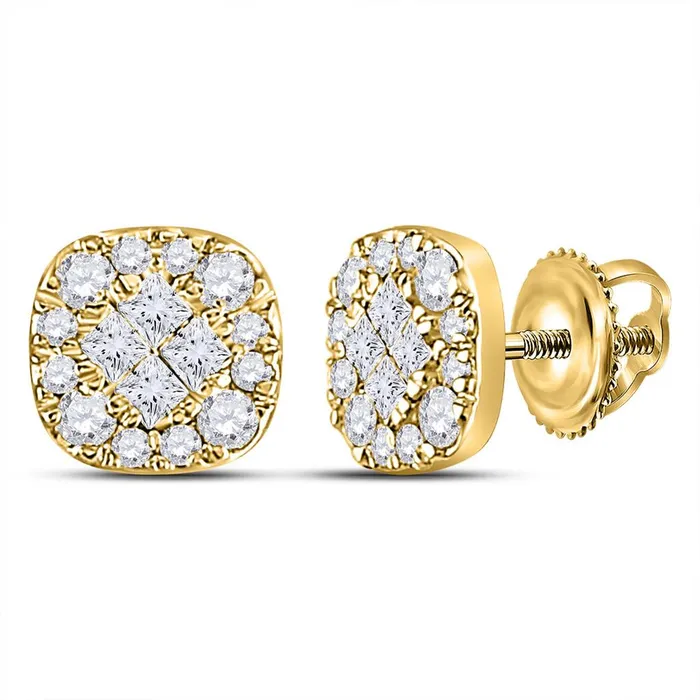Earrings gndatlanta 14k Yellow Gold Princess Round Diamond Square Cluster Earrings 12 Cttw