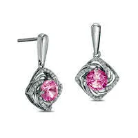 Earrings Goldia 60mm LabCreated Pink Sapphire and 017 CT TW Diamond Swirl Frame Drop Earrings in Sterling Silver Earrings Goldia 60mm LabCreated Pink Sapphire and 017 CT TW Diamond Swirl Frame Drop Earrings in Sterling Silver