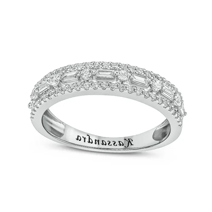 Goldia 050 CT TW Baguette and Round Natural Diamond Border Alternating Engravable Anniversary Band in Solid 10K White Gold 1 Line Rings Goldia 050 CT TW Baguette and Round Natural Diamond Border Alternating Engravable Anniversary Band in Solid 10K White Gold 1 Line Rings