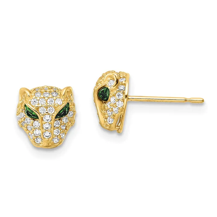 Goldia Earrings 14k Yellow Gold Polished Green White CZ Lioness Head Post Earrings Goldia Earrings 14k Yellow Gold Polished Green White CZ Lioness Head Post Earrings