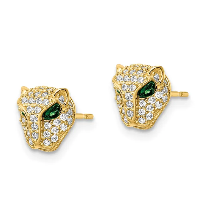 Goldia Earrings 14k Yellow Gold Polished Green White CZ Lioness Head Post Earrings