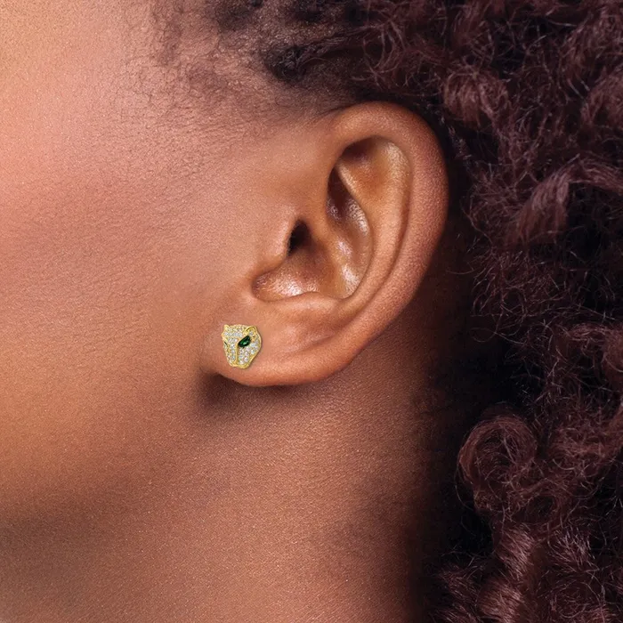 Goldia Earrings 14k Yellow Gold Polished Green White CZ Lioness Head Post Earrings