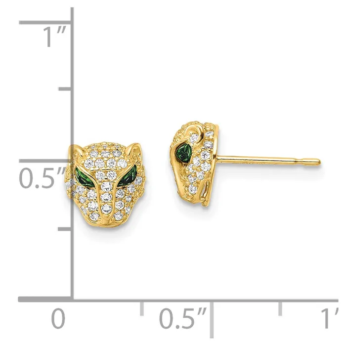 Goldia Earrings 14k Yellow Gold Polished Green White CZ Lioness Head Post Earrings