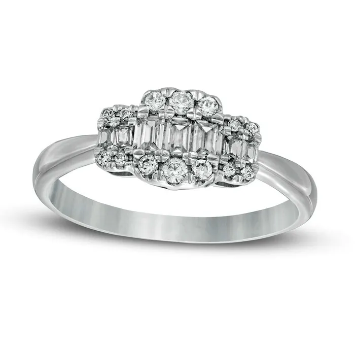 Goldia Rings 033 CT TW Baguette and Round Composite Natural Diamond Three Stone Ring in Solid 10K White Gold Goldia Rings 033 CT TW Baguette and Round Composite Natural Diamond Three Stone Ring in Solid 10K White Gold