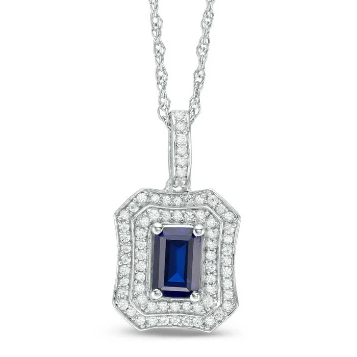 Goldia Rings EmeraldCut LabCreated Blue and White Sapphire Double Frame Antique VintageStyle Pendant in Sterling Silver
