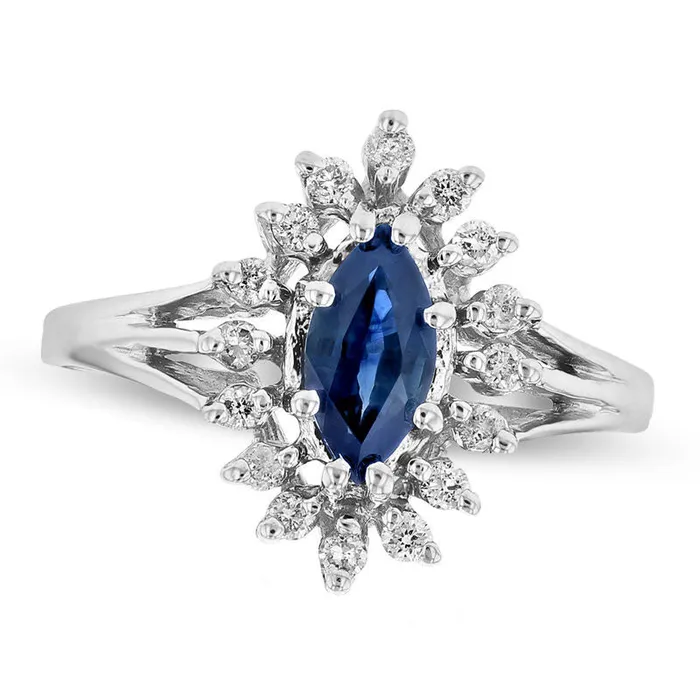 Goldia Rings Marquise Blue Sapphire and 020 CT TW Natural Diamond Sunburst Frame Split Shank Ring in Solid 14K White Gold Goldia Rings Marquise Blue Sapphire and 020 CT TW Natural Diamond Sunburst Frame Split Shank Ring in Solid 14K White Gold