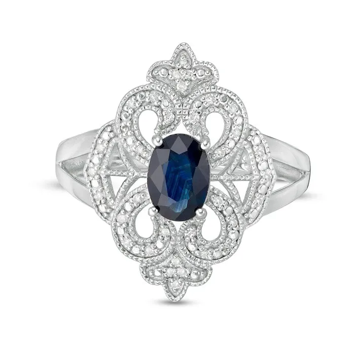 Goldia Rings Oval Blue Sapphire and 010 CT TW Natural Diamond Antique VintageStyle Split Shank Ring in Sterling Silver Goldia Rings Oval Blue Sapphire and 010 CT TW Natural Diamond Antique VintageStyle Split Shank Ring in Sterling Silver