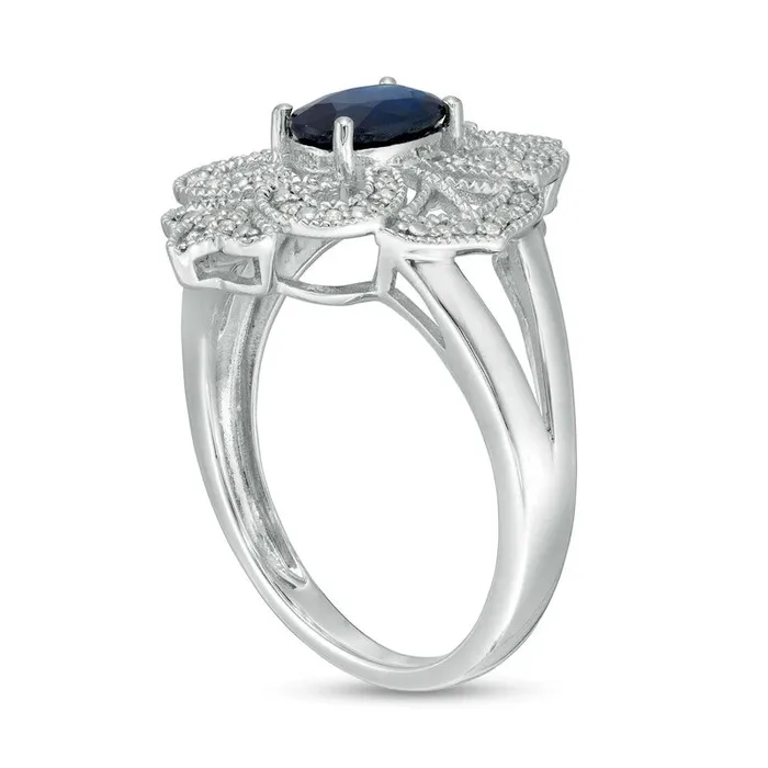 Goldia Rings Oval Blue Sapphire and 010 CT TW Natural Diamond Antique VintageStyle Split Shank Ring in Sterling Silver Goldia Rings Oval Blue Sapphire and 010 CT TW Natural Diamond Antique VintageStyle Split Shank Ring in Sterling Silver