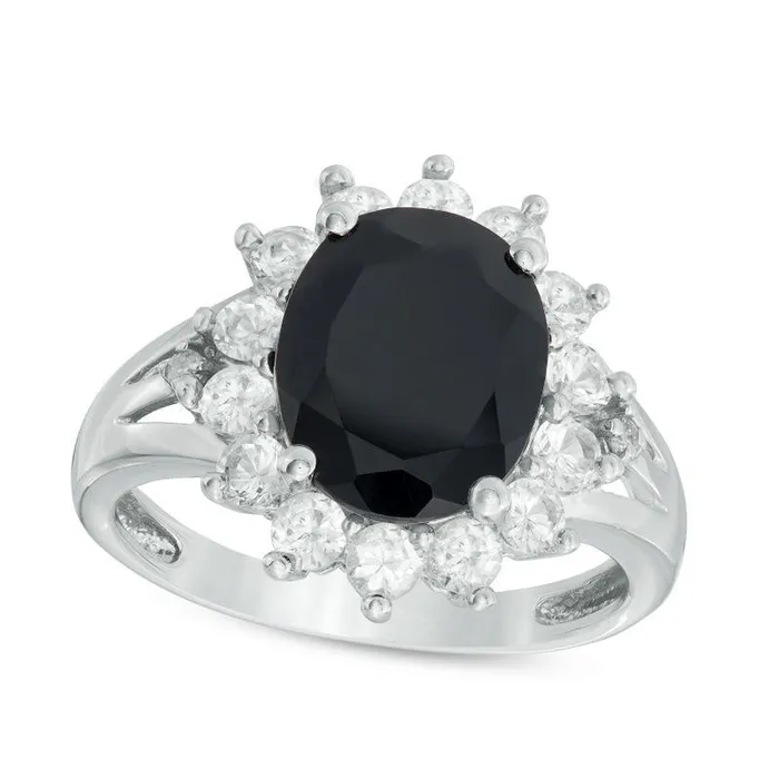 Oval Onyx LabCreated White Sapphire and Diamond Accent Sunburst Frame Split Shank Ring in Sterling Silver Goldia Rings Oval Onyx LabCreated White Sapphire and Diamond Accent Sunburst Frame Split Shank Ring in Sterling Silver Goldia Rings