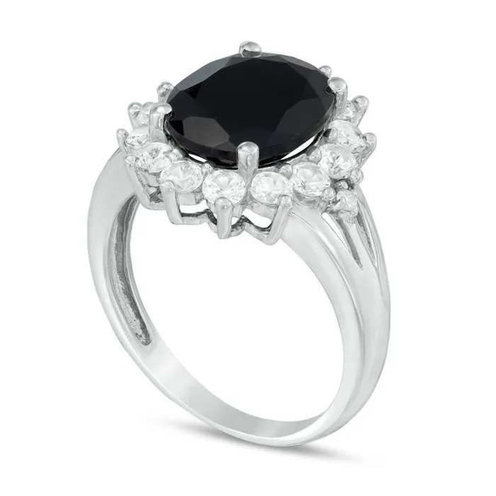 Oval Onyx LabCreated White Sapphire and Diamond Accent Sunburst Frame Split Shank Ring in Sterling Silver Goldia Rings Oval Onyx LabCreated White Sapphire and Diamond Accent Sunburst Frame Split Shank Ring in Sterling Silver Goldia Rings