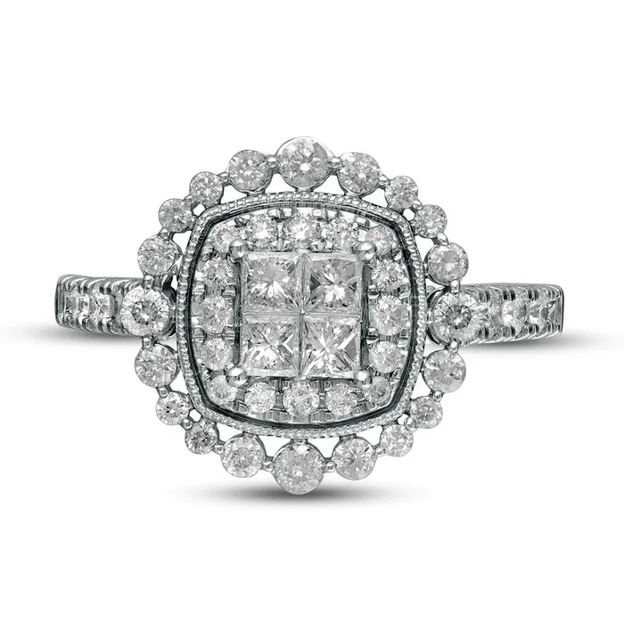 Rings 10 CT TW PrincessCut Quad Natural Diamond Cushion Frame Antique VintageStyle Engagement Ring in Solid 14K White Gold Goldia Rings 10 CT TW PrincessCut Quad Natural Diamond Cushion Frame Antique VintageStyle Engagement Ring in Solid 14K White Gold Goldia