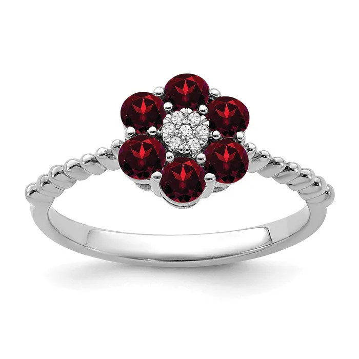 Rings 14k White Gold Garnet and Real Diamond Floral Ring Goldia