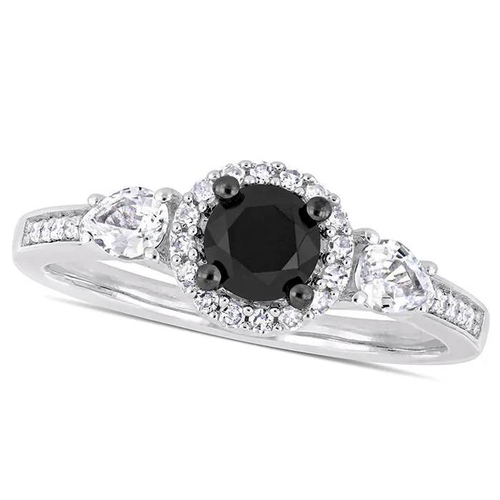 Rings Goldia 063 CT TW Enhanced Black Natural Diamond and White Sapphire Three Stone Frame Engagement Ring in Solid 10K White Gold Rings Goldia 063 CT TW Enhanced Black Natural Diamond and White Sapphire Three Stone Frame Engagement Ring in Solid 10K White Gold