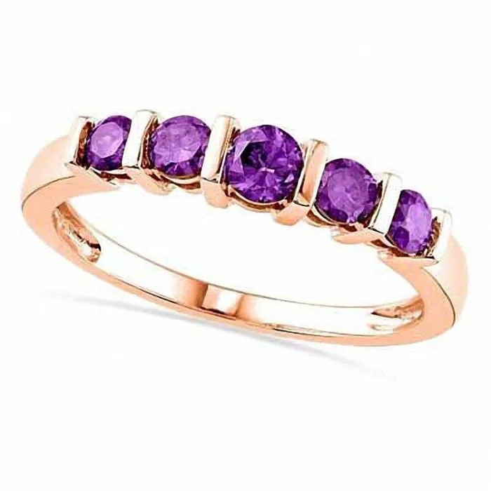 Rings Goldia Amethyst Five Stone Band in Solid 10K Rose Gold