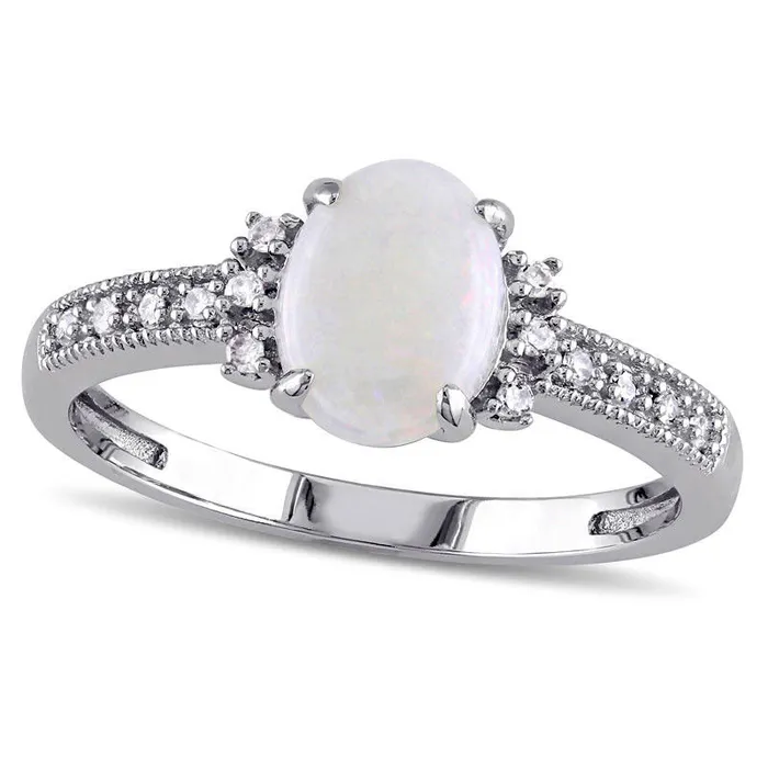 Rings Goldia Oval Opal and Natural Diamond Accent Antique VintageStyle Ring in Solid 10K White Gold Rings Goldia Oval Opal and Natural Diamond Accent Antique VintageStyle Ring in Solid 10K White Gold