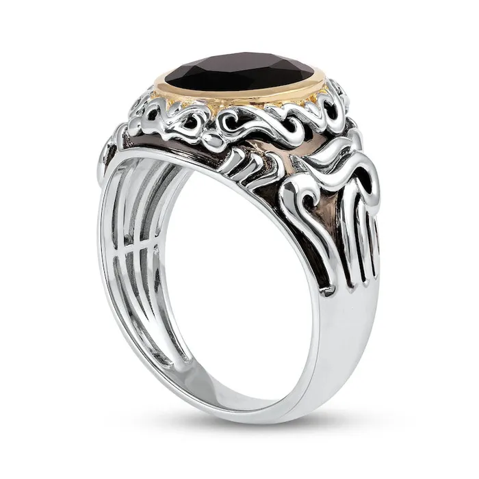 Rings Mens Oval Black Onyx and Filigree Dome Shank Ring in Sterling Silver and Solid 10K Yellow Gold Goldia Rings Mens Oval Black Onyx and Filigree Dome Shank Ring in Sterling Silver and Solid 10K Yellow Gold Goldia