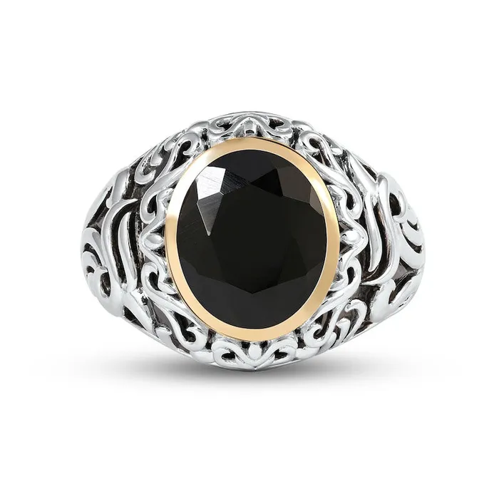 Rings Mens Oval Black Onyx and Filigree Dome Shank Ring in Sterling Silver and Solid 10K Yellow Gold Goldia Rings Mens Oval Black Onyx and Filigree Dome Shank Ring in Sterling Silver and Solid 10K Yellow Gold Goldia