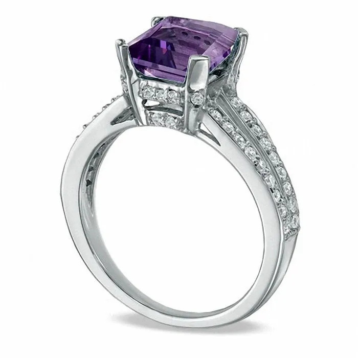 Rings PrincessCut Amethyst and 025 CT TW Natural Diamond Engagement Ring in Solid 10K White Gold Goldia