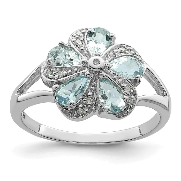 Rings Sterling Silver Rhodium Aquamarine Diamond Ring Goldia