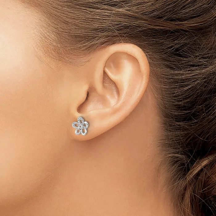 Solid 14k White Gold Simulated CZ Flower Earrings Goldia Earrings