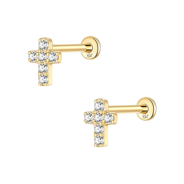 Earrings Trendolla Jewelry 14k Gold Cross Gold Flat Back Earrings