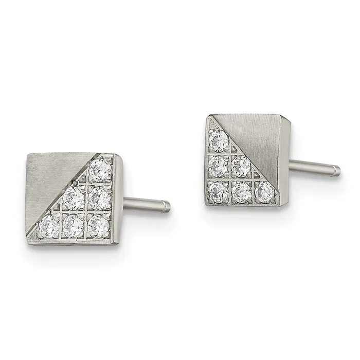 Stainless Steel Brushed wCZ Square Post Earrings TreasureFineJewelers Earrings