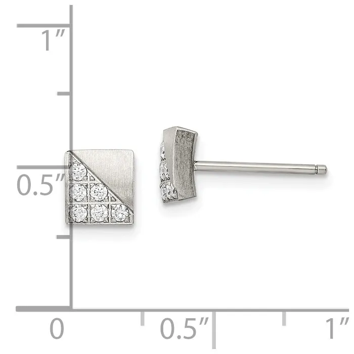 Stainless Steel Brushed wCZ Square Post Earrings TreasureFineJewelers Earrings