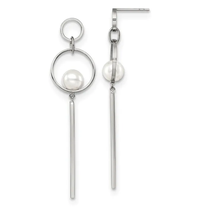 Stainless Steel Polished with Simulated Pearl Post Dangle Earrings TreasureFineJewelers Earrings Stainless Steel Polished with Simulated Pearl Post Dangle Earrings TreasureFineJewelers Earrings