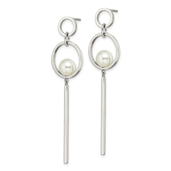 Stainless Steel Polished with Simulated Pearl Post Dangle Earrings TreasureFineJewelers Earrings