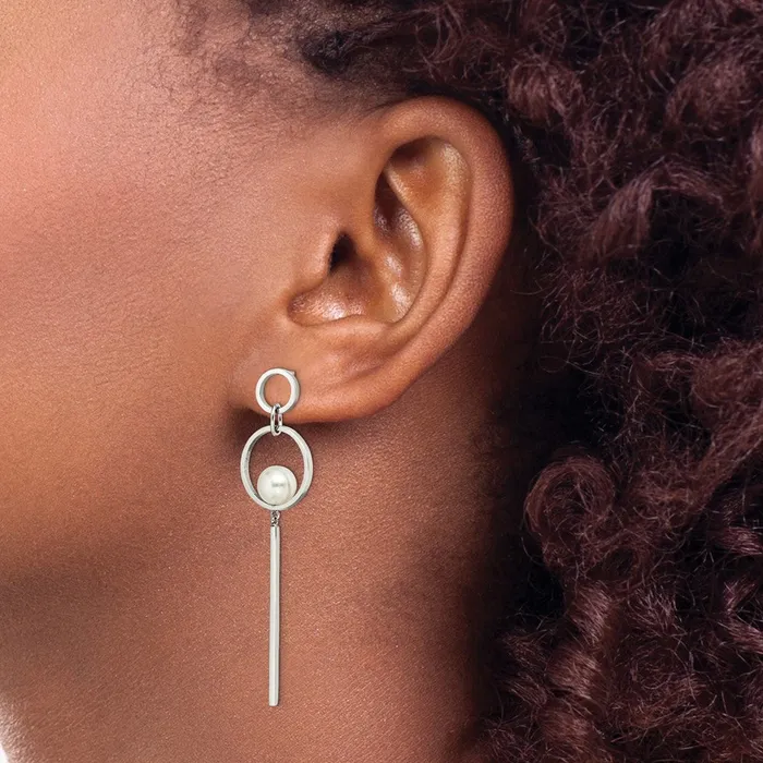 Stainless Steel Polished with Simulated Pearl Post Dangle Earrings TreasureFineJewelers Earrings