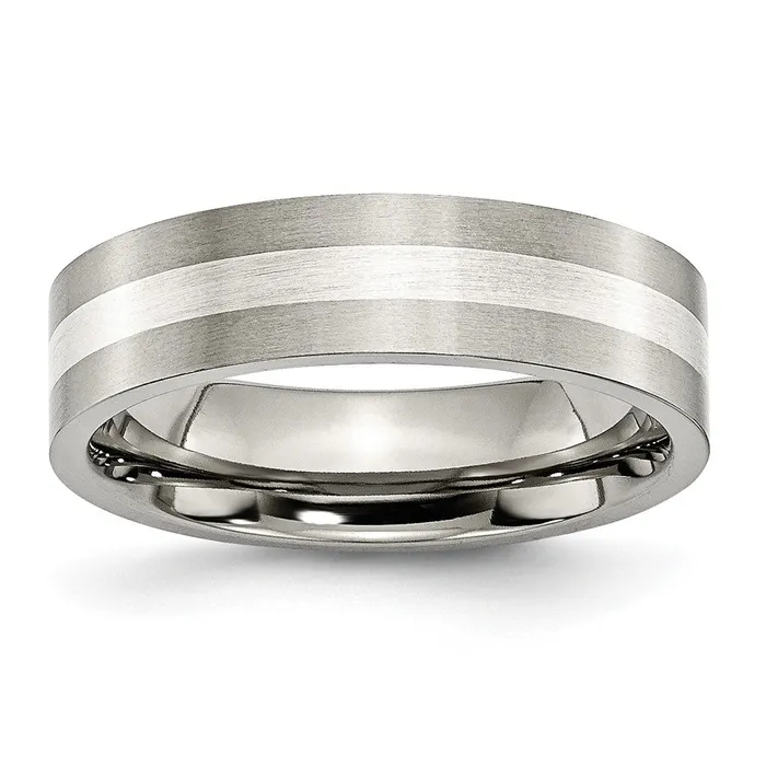 Titanium Brushed wSterling Silver Inlay 6mm Flat Band TreasureFineJewelers Rings Titanium Brushed wSterling Silver Inlay 6mm Flat Band TreasureFineJewelers Rings