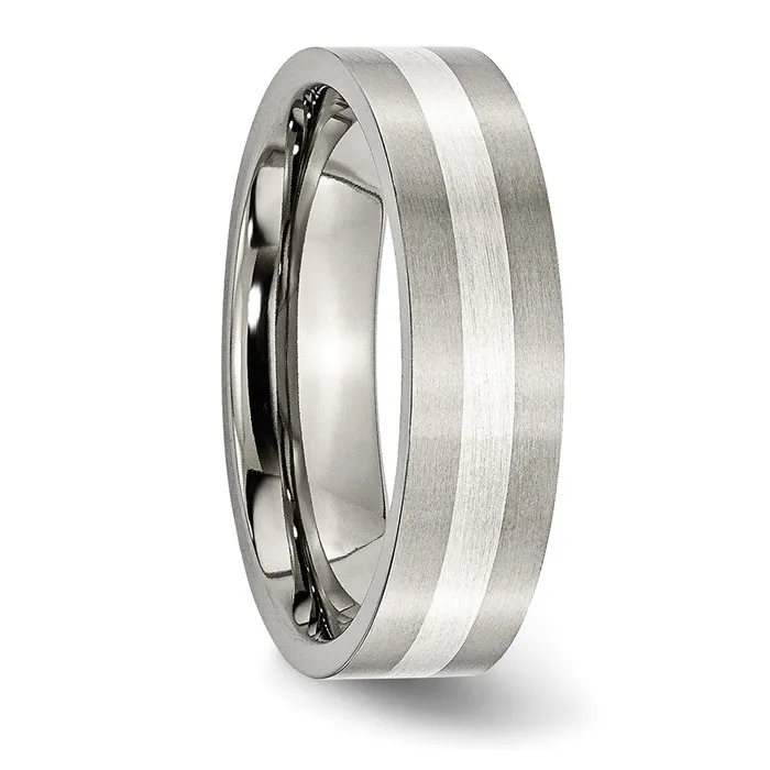 Titanium Brushed wSterling Silver Inlay 6mm Flat Band TreasureFineJewelers Rings