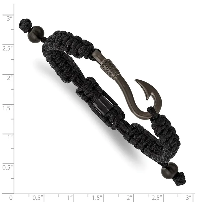 TreasureFineJewelers Bracelets Chisel Stainless Steel Brushed Gun Metal IPplated Fishing Hook Black Nylon Adjustable Bracelet