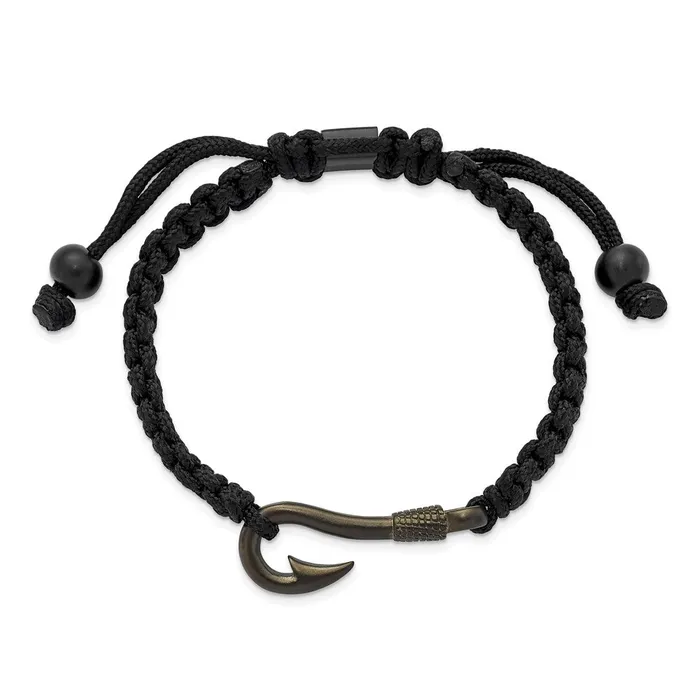 TreasureFineJewelers Bracelets Chisel Stainless Steel Brushed Gun Metal IPplated Fishing Hook Black Nylon Adjustable Bracelet