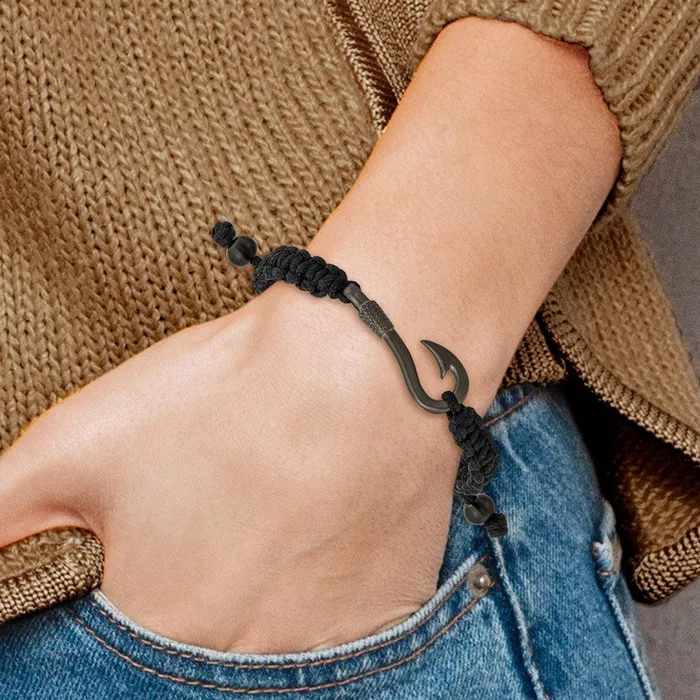 TreasureFineJewelers Bracelets Chisel Stainless Steel Brushed Gun Metal IPplated Fishing Hook Black Nylon Adjustable Bracelet