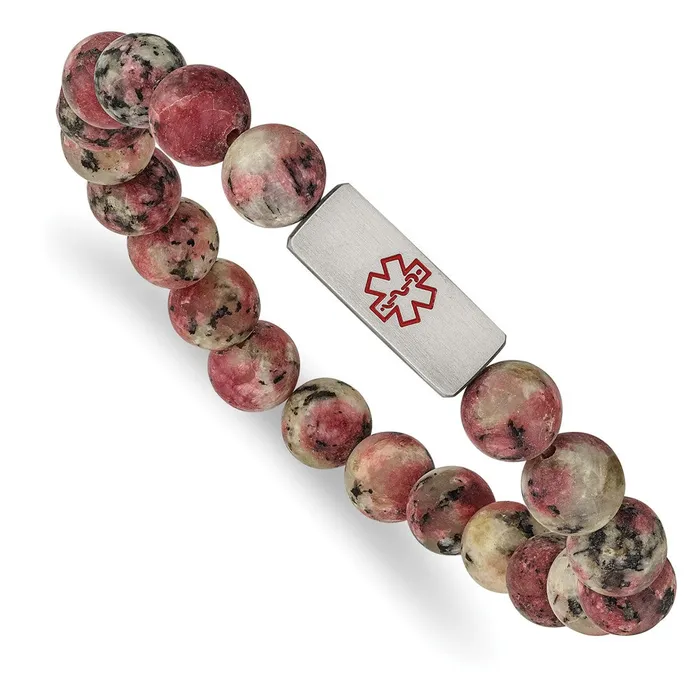 TreasureFineJewelers Bracelets Chisel Stainless Steel Brushed with Red Enamel Medical ID 85mm Rhodochrosite Beaded Stretch Bracelet TreasureFineJewelers Bracelets Chisel Stainless Steel Brushed with Red Enamel Medical ID 85mm Rhodochrosite Beaded Stretch Bracelet