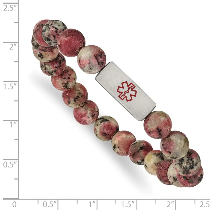 TreasureFineJewelers Bracelets Chisel Stainless Steel Brushed with Red Enamel Medical ID 85mm Rhodochrosite Beaded Stretch Bracelet