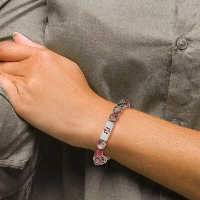 TreasureFineJewelers Bracelets Chisel Stainless Steel Brushed with Red Enamel Medical ID 85mm Rhodochrosite Beaded Stretch Bracelet