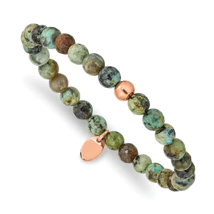 TreasureFineJewelers Bracelets Chisel Stainless Steel Polished Rose IPplated 6mm African Turquoise Beaded Stretch Bracelet